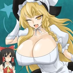 2girls black_hair blonde_hair blush bow braid breast_envy breasts cleavage empty_eyes female female_focus female_only gloves hairbow hakurei_reimu hat huge_breasts invincible_marisa kirisame_marisa large_breasts long_hair looking_at_breasts marisa_kirisame multiple_girls new_super_marisa_land one_eye_closed open_mouth oro_(zetsubou_girl) reimu_hakurei touhou witch_hat yellow_eyes