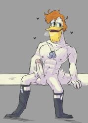 abs anatid anseriform anthro avian balls barazoku beak biceps big_penis bird bodily_fluids clothing darkwing_duck disney duck ducktales ducktales_(2017) footwear genital_fluids genitals hair hi_res humanoid_genitalia iggurira launchpad_mcquack looking_at_viewer male male_only muscular muscular_male orange_hair penis precum sitting socks solo sweat