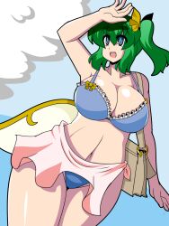 akasode_(tyaramu) arm_above_head beach bikini daiyousei green_hair huge_breasts outside ponytail smile touhou wings