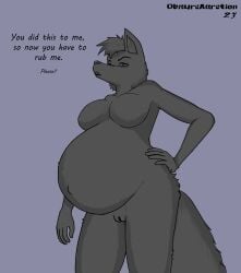 2023 5_fingers anthro belly big_belly big_breasts breasts canid canine canis dialogue digital_media_(artwork) dweevil english_text female fingers fur genitals hair hand_on_hip hand_on_own_hip hi_res humanoid_hands low-angle_view mammal navel nude outie_navel pregnant pregnant_female pussy signature solo text wolf