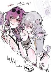 2girls against_wall animal_ears biting blush breasts dildo dog_ears dog_tail english_commentary english_text gloves highres honkai:_star_rail honkai_(series) imminent_penetration kafka_(honkai:_star_rail) large_breasts light_smile medium_hair multiple_girls nipples purple_eyes purple_gloves purple_hair saliva sex sex_toy shirt standing stelle_(honkai:_star_rail) strap-on sweatdrop tail taking_off tyg2077 white_shirt yellow_eyes yuri