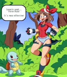 blush childish_panties embarrassed embarrassed_underwear_female euf imsomethingradical may_(pokemon) panties pokemon ripped_pants squirtle