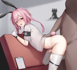 2boys absurdres animal_ears ansel_(arknights) arknights bent_over bottomless censored chun_bae clipboard doggy_style drooling extra_ears fake_animal_ears floppy_ears gloves highres infection_monitor_(arknights) mosaic_censoring multiple_boys open_mouth penis pink_hair precum rabbit_boy rabbit_ears rabbit_tail red_eyes rhodes_island_logo saliva sex sex_from_behind short_hair tail tearing_up thighhighs torn_clothes torn_thighhighs white_gloves white_thighhighs yaoi