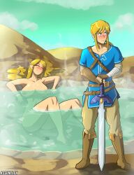 1boy 1girls assentlov blush breasts breath_of_the_wild closed_eyes clothed_male_nude_female completely_nude female hot_spring huge_breasts link link_(breath_of_the_wild) male nipples nude partially_submerged pointy_ears princess_zelda sitting standing sword the_legend_of_zelda water zelda_(breath_of_the_wild)