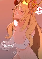 1girls absurdres blonde_hair breasts butterfly_hair_ornament celine_(fire_emblem) closed_eyes closed_mouth collarbone crown cum cum_in_mouth cum_on_gloves cum_on_hair cum_on_hands elbow_gloves eyelashes facial female female_only fire_emblem fire_emblem_engage flower gloves gokkun hair_flower hair_ornament heart highres kuta long_hair naked_gloves navel nintendo nipples nude small_breasts solo user_whku4538 very_long_hair white_gloves