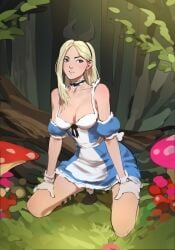 1girls alice_in_wonderland alice_liddell blonde_hair blue_clothing blue_dress blue_eyes bunny_ears choker cleavage forest gloves headband highres kneeling kneeling_on_ground looking_away mushroom open_mouth solo solo_female tagme tarakanovich