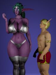 1boy 1girls 3d abs armlet big_breasts bikini blizzard_entertainment blonde_hair blood_elf boxers_(clothing) busty cleavage elf elf_ears elf_female elf_male gold_armlet gradient_background green_hair height_difference heroes_of_the_storm huge_breasts larger_female light-skinned_male light_skin long_eyebrows looking_at_partner looking_away looking_up looking_up_at_partner meme night_elf no_sclera no_sex non-nude purple-skinned_female purple_background purple_skin red_boxers short_hair shorter_male silver_bikini silver_stockings size_difference smaller_male smile snoopz standing stockings taller_female thick_thighs tyrande_whisperwind warcraft white_eyes wide_hips world_of_warcraft