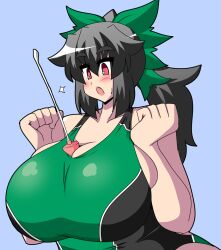 akasode_(tyaramu) alternate_breast_size black_hair breast_squeeze competition_swimsuit huge_breasts red_eyes straight swimsuit touhou utsuho_reiuji