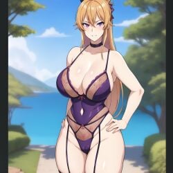 ai_generated big_breasts choker cleavage female_only lingerie long_hair mommy nakiri_erina purple_eyes shokugeki_no_souma smile stable_diffusion