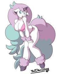 2020 anthro big_breasts blue_eyes blue_hair bra breasts cleavage fluffy galarian_ponyta game_freak generation_6_pokemon hooves horn long_hair nintendo panties pokémon_(species) pokemon pony ponyta purple_hair regional_form_(pokémon) thedemonfoxy white_skin