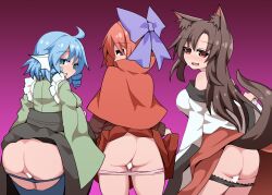 3girls :d animal_ears ass back bare_shoulders black_panties blue_eyes blue_hair blue_panties bow brown_hair cameltoe cape censored closed_eyes clothes_lift commission dress drill_hair fins grass_root_youkai_network green_kimono hairbow head_fins heart highres honyaa_(honya--1123) imaizumi_kagerou japanese_clothes kimono lifted_by_self long_hair long_sleeves looking_at_viewer looking_back multiple_girls oerba_yun_fang off-shoulder_dress off_shoulder open_mouth panties panty_pull pink_panties pixiv_commission purple_bow pussy red_cape red_eyes red_hair red_shirt red_skirt sekibanki shirt short_hair skin_fang skirt skirt_lift smile tail touhou twin_drills underwear wakasagihime white_dress wolf_ears wolf_girl wolf_tail