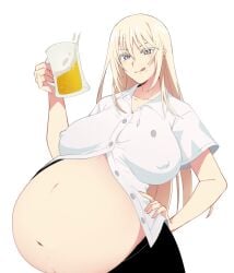 artist_request beer belly_bulge belly_expansion bismarck_(kantai_collection) blonde_hair blue_eyes kantai_collection uniform