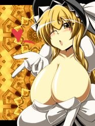 blonde_hair blowing_kiss blush breasts cleavage eisen1111 female female_focus gigantic_breasts gloves hat heart highres huge_breasts invincible_marisa kirisame_marisa new_super_marisa_land one_eye_closed regls solo thick_eyebrows touhou wink witch_hat yellow_eyes