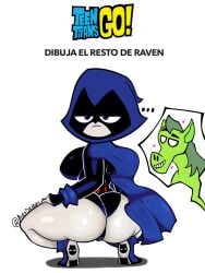 1boy 1girls 1horse alexdarkrel alternate_ass_size anaconda_pose ass ass_focus beast_boy big_ass big_butt bubble_butt dc dc_comics funny green_skin grey_skin horse huge_ass meme raven_(dc) tagme teen_titans teen_titans_go underboob