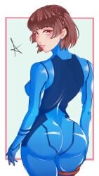 1girls ass atlus big_ass blue_bodysuit bodysuit breasts brown_hair clothed cosplay crossover female female_only huge_ass large_ass looking_at_viewer makoto_niijima megami_tensei metroid nintendo persona persona_5 red_draws red_eyes samus_aran_(cosplay) short_hair thick_thighs white_skin zero_suit zero_suit_samus_(cosplay)