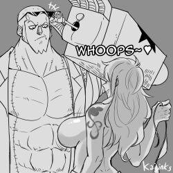 1boy 1girls 2022 artist_name big_breasts bikini breasts dialogue duo english_text eyewear_on_head female franky heart kaijinks larger_male long_hair male male/female monochrome muscular muscular_male nami one_piece post-timeskip removing_clothing shounen_jump size_difference smaller_female sunglasses sunglasses_on_head tattoo text topless topless_female