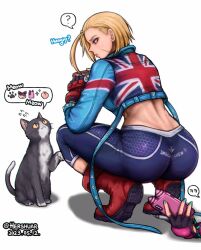 2girls animal_ears ass blonde_hair blue_eyes cammy_white cat cat_ears cat_tail cellphone crop_top feline female female_only food from_behind fruit fully_clothed hershuar jacket juri_han multiple_girls only_hand_visible pants peach_(fruit) phone short_hair street_fighter street_fighter_6 tail taking_picture unaware union_jack