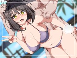 1boy :d absurdres beach bent_over bikini black_hair blush breasts cleavage collarbone commentary_request female grabbing_another's_hair highres idoly_pride karakuri_musha large_breasts long_hair looking_at_viewer navel one_eye_closed open_mouth outdoors purple_bikini saeki_haruko_(idoly_pride) sex sex_from_behind short_hair smile solo_focus straight swimsuit v viewfinder yellow_eyes