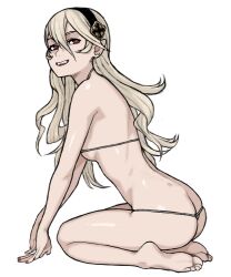 1girls ass ass_cleavage big_ass breasts butt_crack corrin_(fire_emblem) corrin_(fire_emblem)_(female) female female_only fire_emblem fire_emblem_fates grey_hair hair_between_eyes hairband long_hair micro_bikini nail_polish nintendo open_mouth pointy_ears red_eyes red_nails small_breasts smile solo underboob wabaki