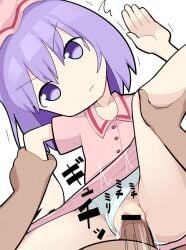 1boy ^^^ bar_censor belt buttons censored clothing_aside collared_dress commentary cookie_(touhou) dress feet_out_of_frame female flat_chest hisaka_(cookie) hospital_king looking_at_viewer medium_bangs medium_hair panties panties_aside penis pink_dress purple_eyes purple_hair pussy red_belt remilia_scarlet sex simple_background solo_focus straight touhou underwear v-shaped_eyebrows vaginal_penetration white_background white_panties