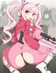 1girls alice_(nikke) big_ass big_breasts big_butt black_thong boots breasts female goddess_of_victory:_nikke gun kabeume large_ass large_breasts leather_clothing looking_at_viewer looking_back military nice_ass open_mouth pink_eyes pink_hair red_eyes skintight skintight_bodysuit sniper_rifle solo squatting thong tight_bodysuit tight_clothing torn_bodysuit torn_clothes twintails white_boots