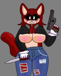 1girls :d alternate_version_available areolae arm_up aryx_(oc) bell_collar blush breasts breasts_out cat_ears cat_tail catgirl collar fnf_mods friday_night_funkin friday_night_funkin_mod furry gloves green_eyes gun hammler heterochromia holding_object holding_weapon jacket jeans knife looking_at_viewer mobian_(species) nekomimi nipples open_jacket original pistol red_eyes red_hair ripped_clothing shirt simple_background sonic.exe_(series) sonic_(series) sonic_the_hedgehog_(series) tagme tail thick_thighs voluptuous