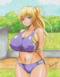 2023 2d 2d_(artwork) anime_style big_breasts blonde_female blonde_hair blue_eyes breasts erect_nipples grass huge_breasts looking_at_viewer massive_breasts mia_stewartson nipple_erection nipples nipples_visible_through_clothing partially_clothed plant ravern_clouk rikujoubu_joshi_wa_ore_no_nama_onaho!!!_the_animation sky smile smiling smiling_at_viewer sports_bra sportswear thick_hips thick_legs thick_thighs tree