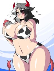 akasode_(tyaramu) bikini cleavage cow_print cow_tail horns huge_breasts looking_at_viewer looking_down touhou urumi_ushizaki