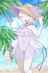 1boy 1cuntboy beach beach_hat bottomless crossdressing cuntboy hat ikenuma_(species) japanese_text looking_at_viewer marikinonline4 one_eye_closed palm_tree palm_trees public see-through see_through_clothing see_through_dress sigkin stickman sun_hat swimwear walking