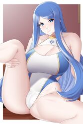 1girls 2023 alternate_costume aslindsamure blue_eyes blue_hair breasts cleavage female female_only fire_emblem fire_emblem_engage huge_breasts indoors leg_grab light-skinned_female light_skin long_hair looking_at_viewer lumera_(fire_emblem) nintendo one-piece_swimsuit partially_visible_vulva sitting smile solo spread_legs swimsuit very_long_hair white_one-piece_swimsuit white_swimsuit