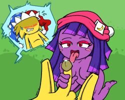 blowjob blush breasts completely_nude cum float_(spark_the_electric_jester) penis purple_body shaking sitting spark_(spark_the_electric_jester) spark_the_electric_jester yellow_body