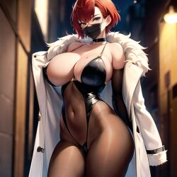 ai_generated alley_queens big_breast bodystocking breasts coat curvy female flashing green_eyes mask miss_scarlet navel original panties pixie_cut red_hair standing voluptuous white_skin