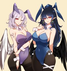 2girls angel_wings animal_ears arm_tattoo bare_shoulders bird_wings black_hair black_pantyhose black_wings blue_leotard blue_wings bow bowtie breasts bunny_ears bunnysuit cleavage contrapposto covered_navel cowboy_shot cross cross_earrings detached_collar drop_earrings earrings fake_animal_ears feathered_wings female female_only gluteal_fold heart heart_tattoo highres iizunamaru_megumu jewelry kishin_sagume large_breasts leotard long_hair low_wings multiple_girls pantyhose playboy_bunny pointy_ears purple_leotard rabbit_ears raptor7 red_eyes sagume_kishin shoulder_tattoo single_wing standing tattoo thighband_pantyhose touhou white_wings wings wrist_cuffs