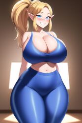 ai_generated blonde_hair blue_eyes blue_leggings blue_tank_top cleavage curvaceous curvy curvy_figure gigantic_breasts huge_breasts huge_cleavage huge_hips leggins looking_at_viewer nai_diffusion ponytail princess_zelda seductive_smile shiny_clothes shiny_hair shiny_skin stable_diffusion the_legend_of_zelda thick_thighs thunder_thighs voluptuous wide_hips