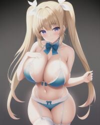 ai_generated blonde_hair blue_eyes double_ponytail female female_focus female_only huge_breasts light-skinned_female lingerie long_hair ponytail short_clothing thigh_clothes voluptuous_female zerjailes