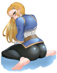 ass barefoot blonde_hair blush breath_of_the_wild ceroccb feet female green_eyes highres long_hair looking_at_viewer pointy_ears princess_zelda soles the_legend_of_zelda the_legend_of_zelda:_breath_of_the_wild toes zelda_(breath_of_the_wild)