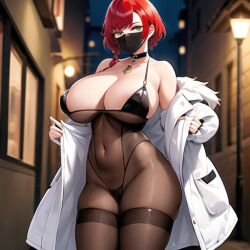 ai_generated alley_queens big_breast bodystocking breasts coat curvy female flashing green_eyes mask miss_scarlet navel original panties pixie_cut red_hair standing voluptuous white_skin