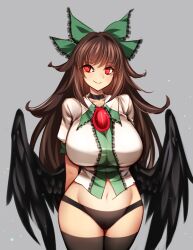 arms_behind_back bird_wings black_panties black_thighhighs black_wings bow brown_hair closed_mouth cowboy_shot eyelashes facing_viewer feathered_wings female flipped_hair green_bow hairbow highres long_hair midriff navel no_pants panties puffy_short_sleeves puffy_sleeves raptor7 red_eyes reiuji_utsuho shirt short_sleeves sideways_glance smile solo thighhighs third_eye touhou underwear utsuho_reiuji white_shirt wings