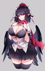 black_bow black_bra black_hair black_skirt black_thighhighs bow bow_bra bra breasts collarbone collared_shirt feathered_wings female grey_background hair_between_eyes hands_up hat highres large_breasts looking_at_viewer miniskirt navel open_clothes open_mouth open_shirt pointy_ears pom_pom_(clothes) puffy_short_sleeves puffy_sleeves raptor7 red_eyes red_headwear red_scarf scarf shameimaru_aya shirt short_hair short_sleeves simple_background skirt smile solo standing thighhighs tokin_hat touhou underwear white_shirt wings wristband