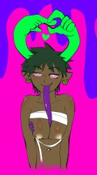 bandages belly_button_piercing big_breasts brown-chan da-da dark_green_hair dark_skin ear_hands earrings green_ears green_heart_(symbol) hand_on_breast human humanized inviting_to_sex light_nipples oyasaioni9 pink_sclera purple_tongue rule_63 teach_the_cat tongue_hair white_eyes