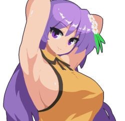 armpit_pose armpits arms_behind_head benben_tsukumo breasts double_dealing_character female flower hair_flower hair_ornament large_breasts looking_at_viewer namako_(takorin) pixel_art purple_eyes purple_hair shirt sideboob sleeveless sleeveless_shirt solo takorin touhou