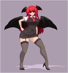 :> breasts colored_shadow embodiment_of_scarlet_devil female garter_straps head_wings high_heels koakuma large_breasts lowres miniskirt namako_(takorin) necktie pixel_art puffy_short_sleeves puffy_sleeves red_eyes red_hair shadow short_sleeves side_slit simple_background skirt solo takorin thighhighs touhou wings zettai_ryouiki