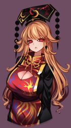 absurdres breasts chinese_clothes cleavage cleavage_cutout clothing_cutout crescent female highres junko_(touhou) long_hair mature_female orange_hair phoenix_crown purple_background raptor7 red_eyes simple_background solo tabard touhou