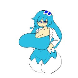 blue_eyes blue_hair cleavage glasses h.a.r hair_ornament huge_breasts inky_(pac-man) pac-man_(series) pac-man_ghost_dance_(minus8) rule_63 thick_thighs