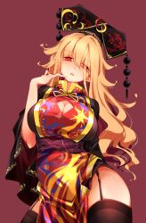 absurdres adapted_costume black_dress black_headwear black_thighhighs blonde_hair breasts chinese_clothes cleavage cleavage_cutout clothing_cutout contrapposto cowboy_shot dress eyelashes female garter_straps hair_between_eyes hat head_tilt highres junko_(touhou) large_breasts long_hair long_sleeves looking_at_viewer parted_lips pointy_ears raptor7 red_background red_eyes sash simple_background solo standing tabard thighhighs touhou wavy_hair wide_sleeves