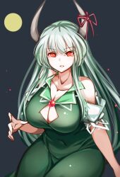 breasts cleavage_cutout clothing_cutout cowboy_shot dress ex-keine female full_moon green_dress green_hair horn_ornament horn_ribbon horns kamishirasawa_keine keine_kamishirasawa large_breasts light_particles long_hair looking_at_viewer moon night night_sky off-shoulder_dress off_shoulder raptor7 red_eyes red_neckwear ribbon sky solo touhou v-shaped_eyebrows yellow_moon