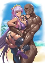 1boy 1girls ass bb_(fate) bb_(swimsuit_mooncancer) bikini bikini_bottom bikini_top breasts brown_skin cleavage clothed clothed_female clothed_female_nude_male dark-skinned_female dark-skinned_male dark_skin dat_ass fate/grand_order fate_(series) female heels hips huge_ass huge_breasts ky. long_hair male muscular_male naughty_face nipple_bulge nude_male open_shoes purple_bikini purple_bikini_top purple_eyes purple_hair purple_heels tan tan-skinned_female tanned_skin thick_thighs thighs wide_hips