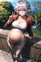 ai_generated ali_sdai alisaie_leveilleur belly belly_button blush boots breasts cowboy_shot elezen elf elf_ears elf_female final_fantasy final_fantasy_xiv jacket large_breasts low_ponytail navel pregnant pregnant_female shorts smile tank_top white_hair