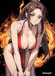 1girl 1girls 2023 2d ai_generated artist_name asian asian_female big_breasts bracelet breasts brown_eyes brown_hair cleavage clothed clothed_female clothing dark_background female female_fighter female_only fire flame flames human human_female human_only japanese japanese_female king_of_fighters kunoichi leaning_forward light-skinned_female light_skin long_hair looking_at_viewer mai_shiranui ninja no_bra no_sex ponytail powers pyrokinesis realistic_breast_size realistic_proportions shenglw solo solo_female standing young_woman