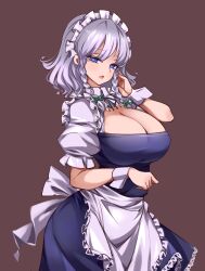 apron blue_eyes braid braided_bun breasts cleavage female hair_bun highres izayoi_sakuya large_breasts maid maid_apron maid_headdress raptor7 sakuya_izayoi silver_hair simple_background solo touhou